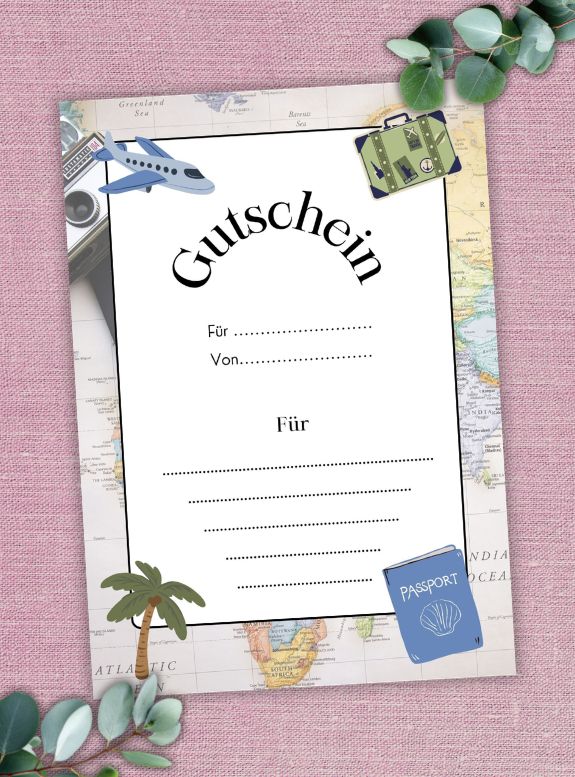 Digitaler Reise-Gutschein zum Ausdrucken, im A4 Format Reise Gutschein, Reise-Gutschein PDF Vorlage, digitaler Reise Gutschein, PDF-Format