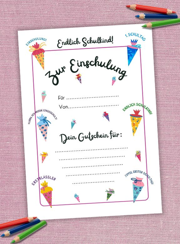 SCHULKIND GUTSCHEIN, Gutschein Einschulung, digitaler Sofort-Download und Ausdrucken, Schulkind Gutschein Vorlage, PDF-Datei in A4, Geschenk Einschulung, Geschenk Schulkind
