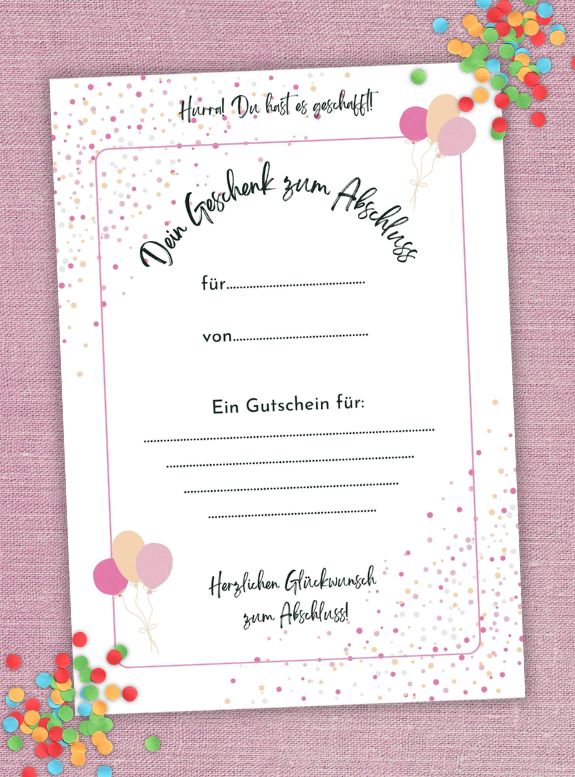Gutschein digital zum Ausdrucken, PDF in A4, Sofortdownload, Gutschein Schulabschluss / Uni-Abschluss, Gutschein Abschluss Ausbildung, Last Minute Geschenk Abschluss