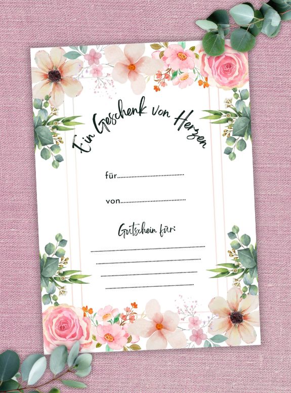 Digitaler Gutschein Aquarell-Blumen zum Ausdrucken, Herzchen-Design, Gutschein Geburtstag, PDF in A4, Gutschein Vorlage PDF, Sofortdownload Gutschein, Gutschein Geburtstag, Gutschein Hochzeit
