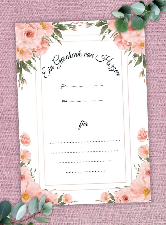 Digitaler Gutschein Aquarell-Blumen zum Ausdrucken, Herzchen-Design, Gutschein Geburtstag, PDF in A4, Gutschein Vorlage PDF, Sofortdownload Gutschein, Gutschein Geburtstag, Gutschein Hochzeit