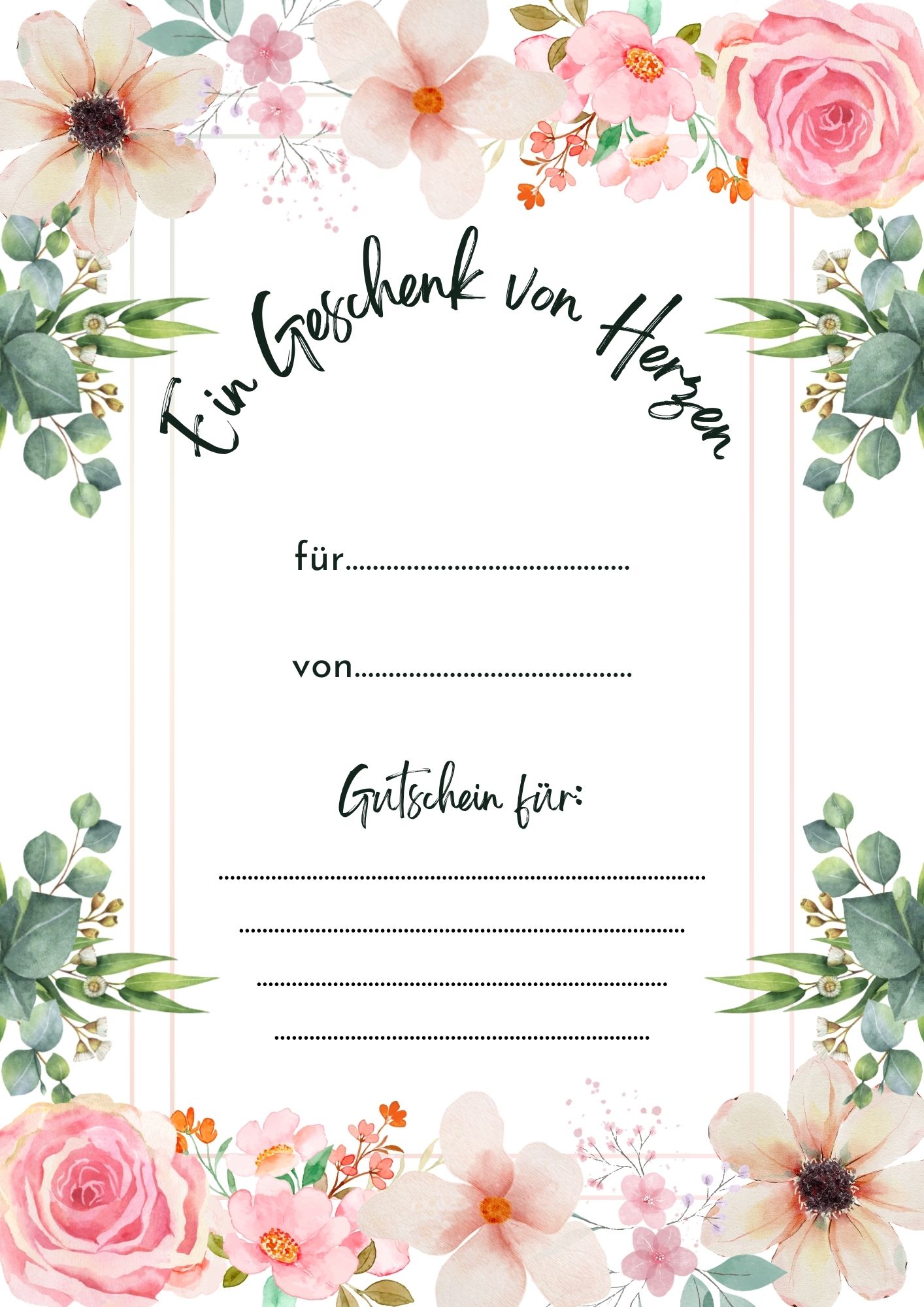 Digitaler Gutschein Aquarell-Blumen zum Ausdrucken, Herzchen-Design, Gutschein Geburtstag, PDF in A4, Gutschein Vorlage PDF, Sofortdownload Gutschein, Gutschein Geburtstag, Gutschein Hochzeit