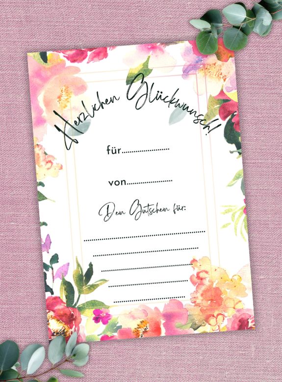 Digitaler Geburtstags-Gutschein zum Ausdrucken, Aquarell-Blumen-Design, PDF Sofortdownload, A4-Format