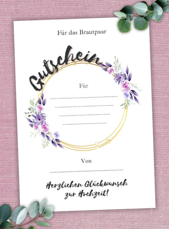 Hochzeits-Gutschein zum Ausdrucken, digitaler Gutschein Hochzeit, Gutschein Hochzeitstag, PDF-Format, Größe A4, Blumenkranz-Design