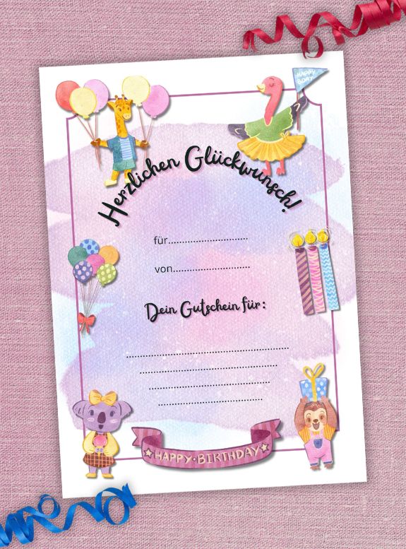 DIGITALER GUTSCHEIN Tier-Party zum Ausdrucken, PDF Gutschein Kindergeburtstag mit Tieren, Vorlage Geschenkgutschein Geburtstag, A4 Format