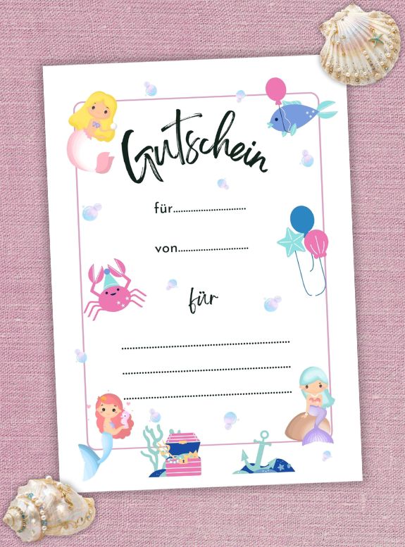 Digitaler Gutschein zum Ausdrucken, Gutschein Meerjungfrau, PDF in A4, Gutschein Mädchen Kindergeburtstag, Gutschein Kommunion Meerjungfrau, Gutschein Weihnachten Meerjungfrau