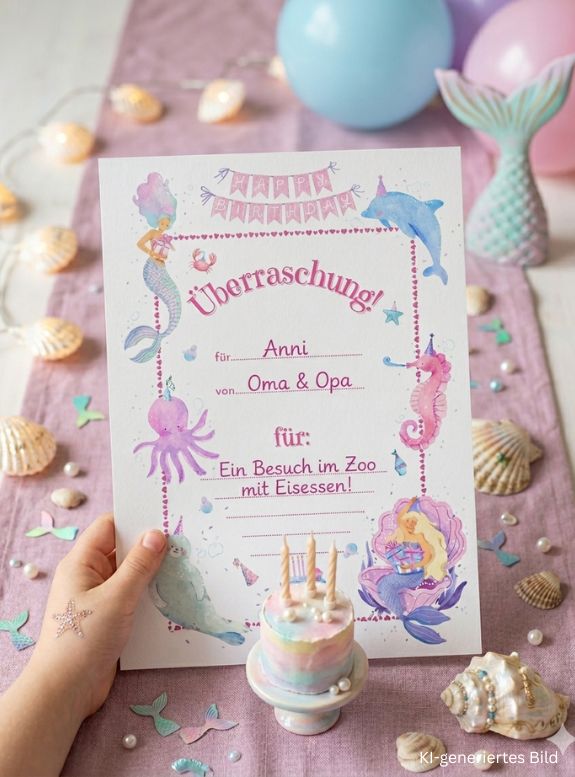 DIGITALER GUTSCHEIN Meerjungfrau zum Ausdrucken, PDF Gutschein Kindergeburtstag mit Meerjungfrauen, Vorlage Geschenkgutschein Geburtstag, A4 Format