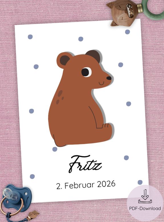 Digitales Geburtsposter 'Bär', zum Ausdrucken, Geburtsposter Junge, Geschenk zur Geburt Junge, Geburtsposter personalisiert, Geburtsposter mit Namen und Datum, Geburtsposter PDF, Format DIN A4, Personalisiertes Geburtsposter Bär PDF