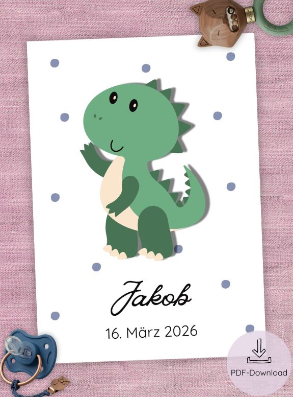 Digitales Geburtsposter 'Dino', zum Ausdrucken, Geburtsposter Junge, Geschenk zur Geburt Junge, Geburtsposter personalisiert, Geburtsposter mit Namen und Datum, Geburtsposter PDF, Format DIN A4