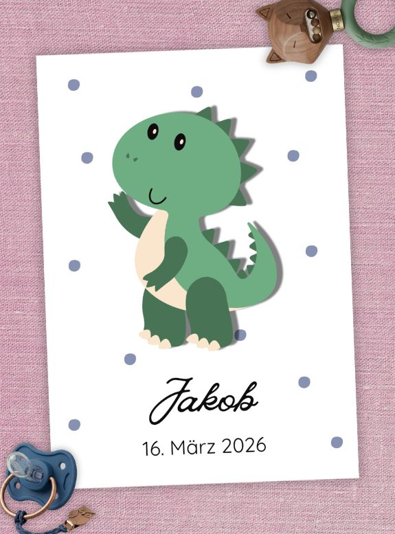 Digitales Geburtsposter 'Dino', zum Ausdrucken, Geburtsposter Junge, Geschenk zur Geburt Junge, Geburtsposter personalisiert, Geburtsposter mit Namen und Datum, Geburtsposter PDF, Format DIN A4