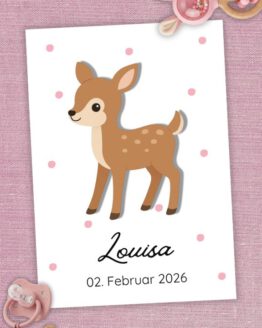 Digitales Geburtsposter 'Reh', zum Ausdrucken, Geburtsposter Mädchen, Geschenk zur Geburt Mädchen, Geburtsposter persobalisiert, Geburtsposter mit Namen, Geburtsposter PDF, Format DIN A4