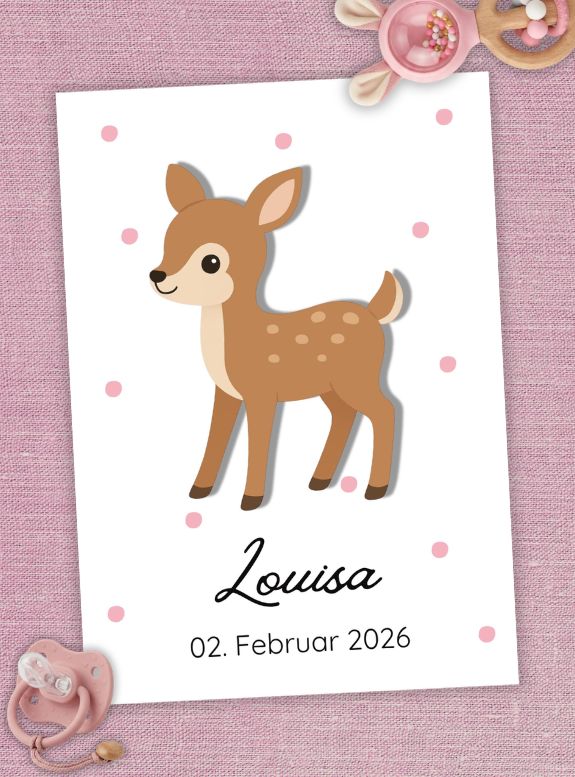 Digitales Geburtsposter 'Reh', zum Ausdrucken, Geburtsposter Mädchen, Geschenk zur Geburt Mädchen, Geburtsposter persobalisiert, Geburtsposter mit Namen, Geburtsposter PDF, Format DIN A4