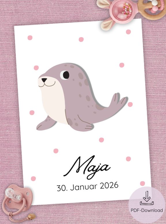 Digitales Geburtsposter 'Robbe', zum Ausdrucken, Geburtsposter Mädchen, Geschenk zur Geburt Mädchen, Geburtsposter personalisiert, Geburtsposter mit Namen, Geburtsposter PDF, Format DIN A4
