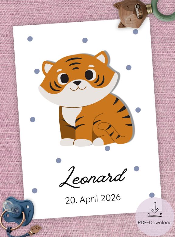 Digitales Geburtsposter 'Tiger', zum Ausdrucken, Geburtsposter Junge, Geschenk zur Geburt Junge, Geburtsposter personalisiert, Geburtsposter mit Namen und Datum, Geburtsposter PDF, Format DIN A4