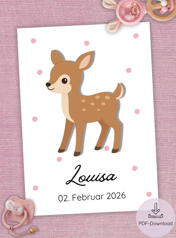 Digitales Geburtsposter 'Reh', zum Ausdrucken, Geburtsposter Mädchen, Geschenk zur Geburt Mädchen, Geburtsposter personalisiert, Geburtsposter mit Namen, Geburtsposter PDF, Format DIN A4