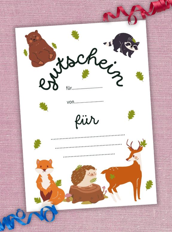 Gutschein zum Ausdrucken 'Waldtiere', A4 Format, Gutschein Kindergeburtstag, Gutschein Kommunion, digitaler Gutschein, PDF Sofortdownload