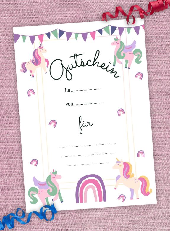 Digitaler Gutschein 'Einhorn', zum Ausdrucken, Gutschein Mädchen Geburtstag, Gutschein Taufe, Gutschein Weihnachten, PDF-Format in A4, Gutschein Mädchen Weihnachten