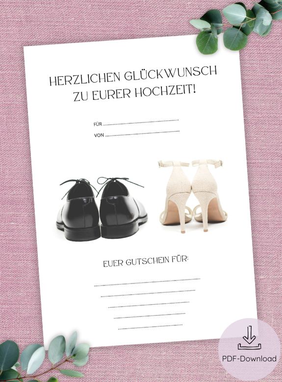 Digitaler Gutschein Hochzeit, zum Ausdrucken, Gutschein Hochzeitstag, Hochzeits-Gutschein Vorlage, PDF in DIN A4, Geldgeschenk Hochzeit, Gutschein Brautschuhe